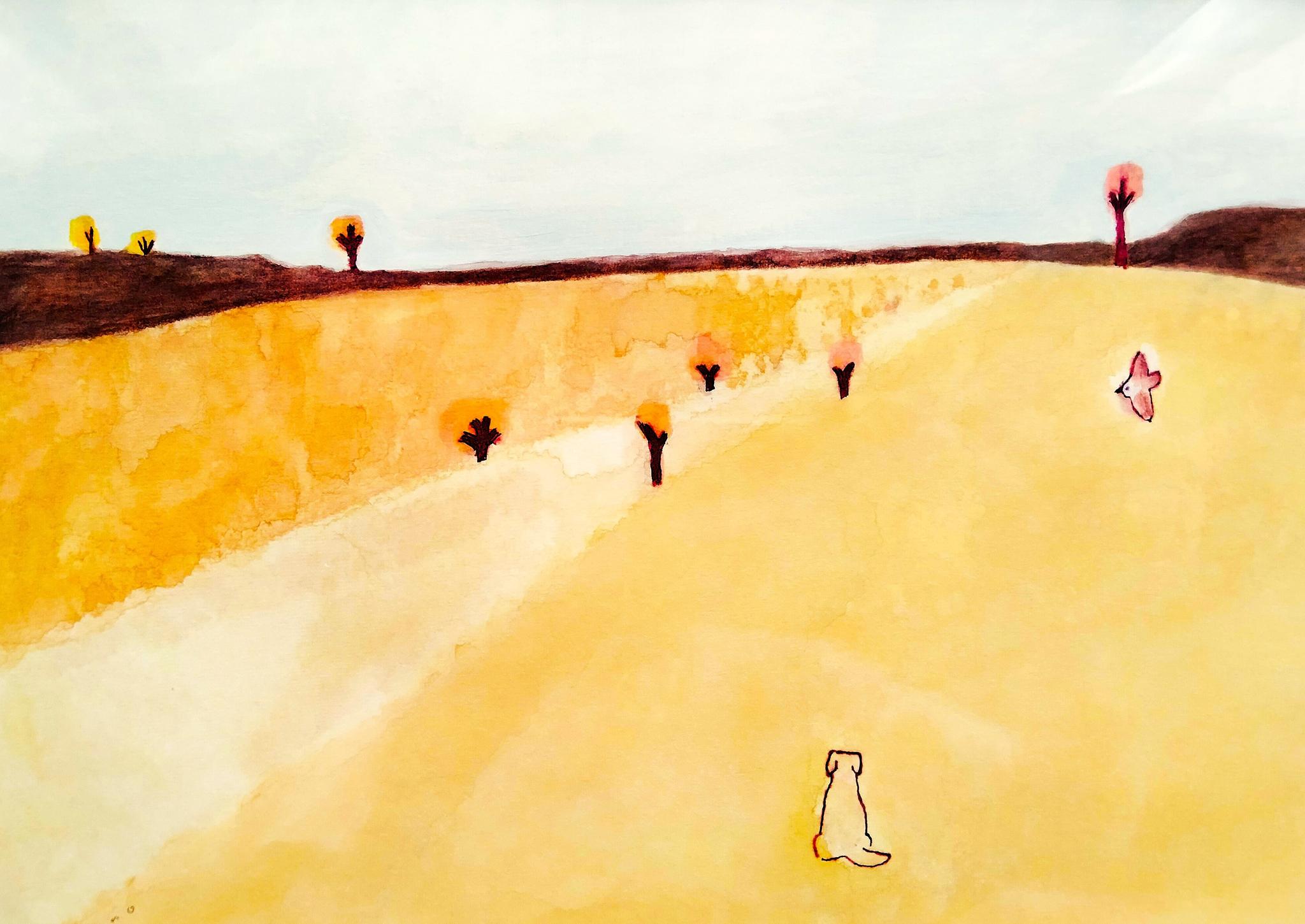 原画｜イラスト｜風景画「原っぱ」※額縁入り（四つ切サイズ）水彩｜一点物1枚目の画像