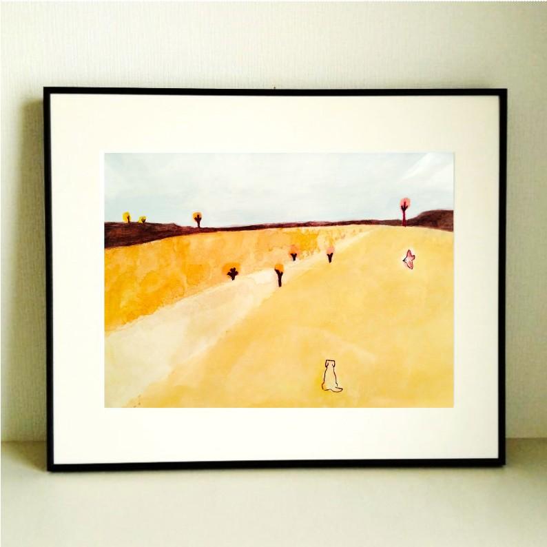 原画｜イラスト｜風景画「原っぱ」※額縁入り（四つ切サイズ）水彩｜一点物 | 2枚目