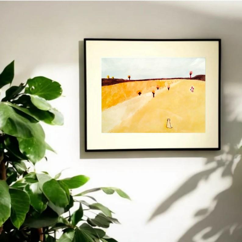 原画｜イラスト｜風景画「原っぱ」※額縁入り（四つ切サイズ）水彩｜一点物 | 3枚目