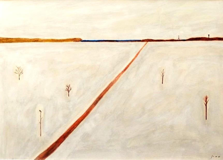 原画 イラスト 「川へ続く道（冬）」 ※額縁入り（四つ切サイズ）水彩 アクリル 一点物 送料無料1枚目の画像