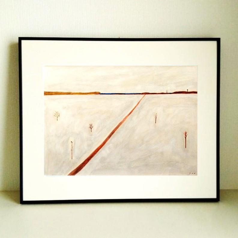 原画 イラスト 「川へ続く道（冬）」 ※額縁入り（四つ切サイズ）水彩 アクリル 一点物 送料無料 | 2枚目