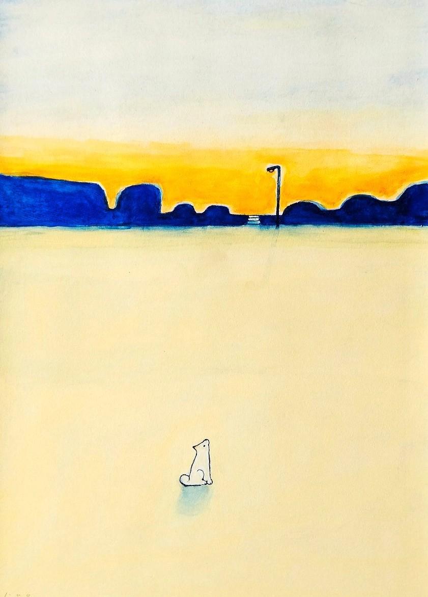 風景画｜原画「夕暮れの公園で」イラスト　水彩　絵画　一点物　※四つ切りサイズ額縁入り