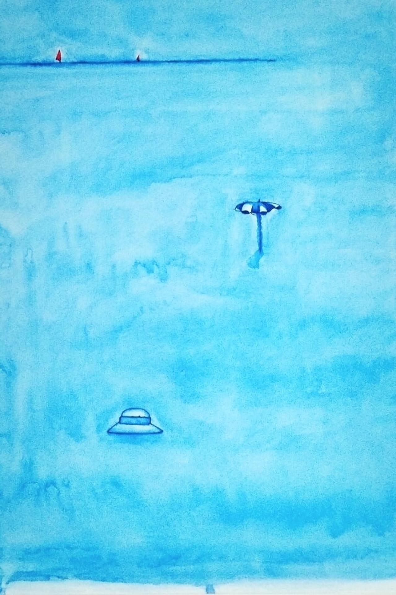 風景画｜原画「思い出の海」イラスト 水彩 絵画 夏 一点物 ※大衣サイズ額縁入り