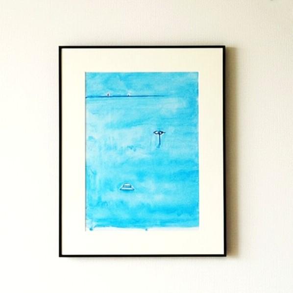 風景画｜原画「思い出の海」イラスト 水彩 絵画 夏 一点物 ※大衣サイズ額縁入り | 2枚目