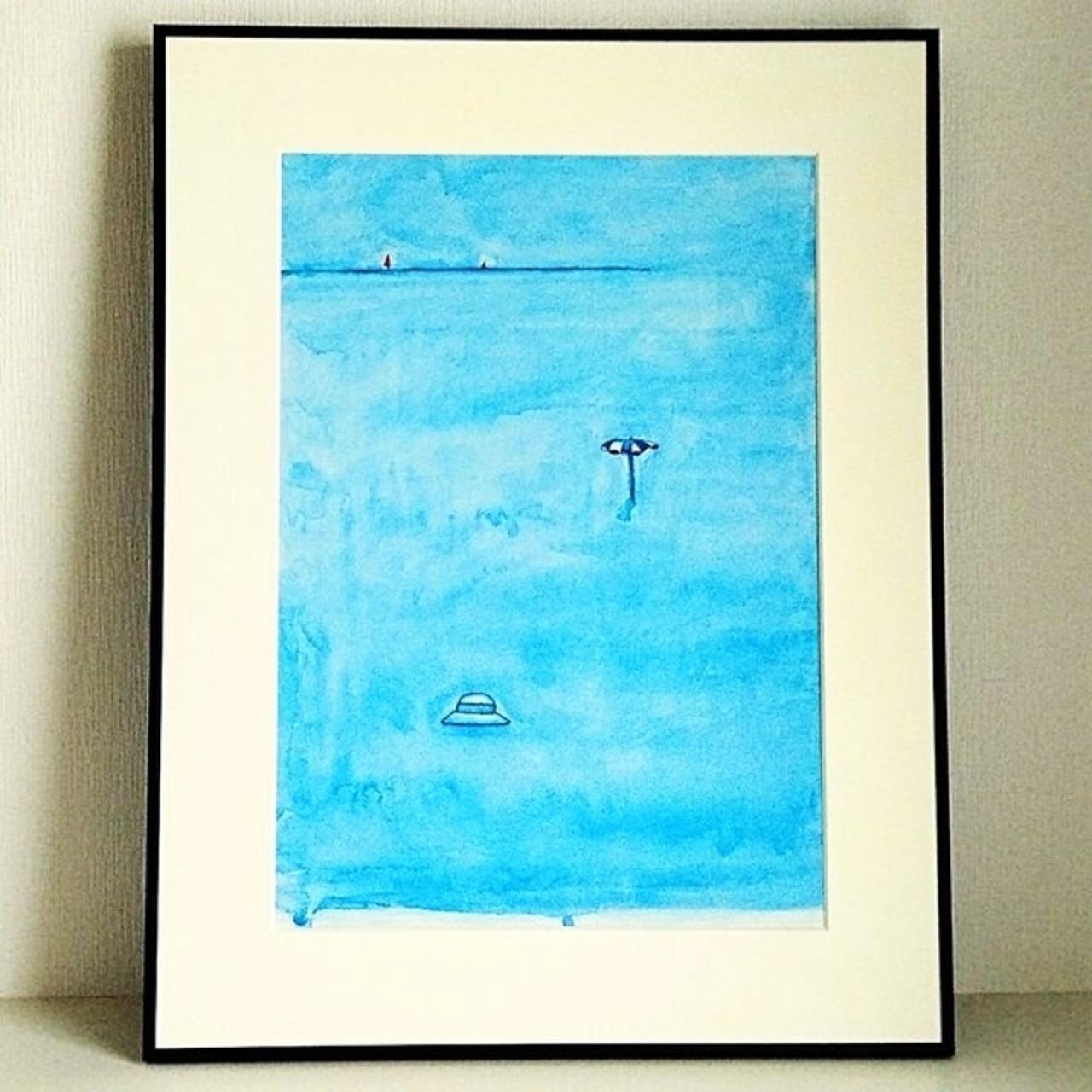 風景画｜原画「思い出の海」イラスト 水彩 絵画 夏 一点物 ※大衣サイズ額縁入り | 3枚目