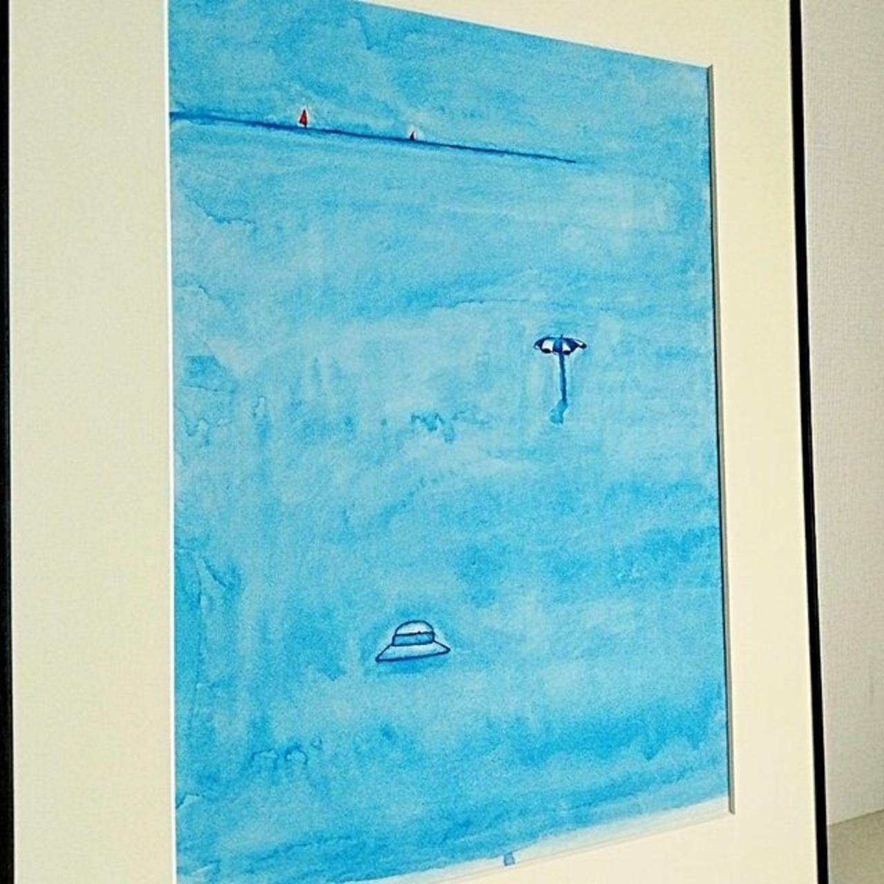 風景画｜原画「思い出の海」イラスト 水彩 絵画 夏 一点物 ※大衣サイズ額縁入り | 4枚目