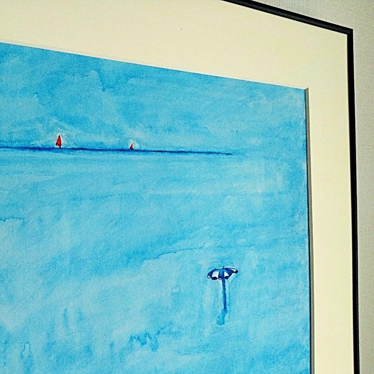 風景画｜原画「思い出の海」イラスト 水彩 絵画 夏 一点物 ※大衣サイズ額縁入り | 5枚目